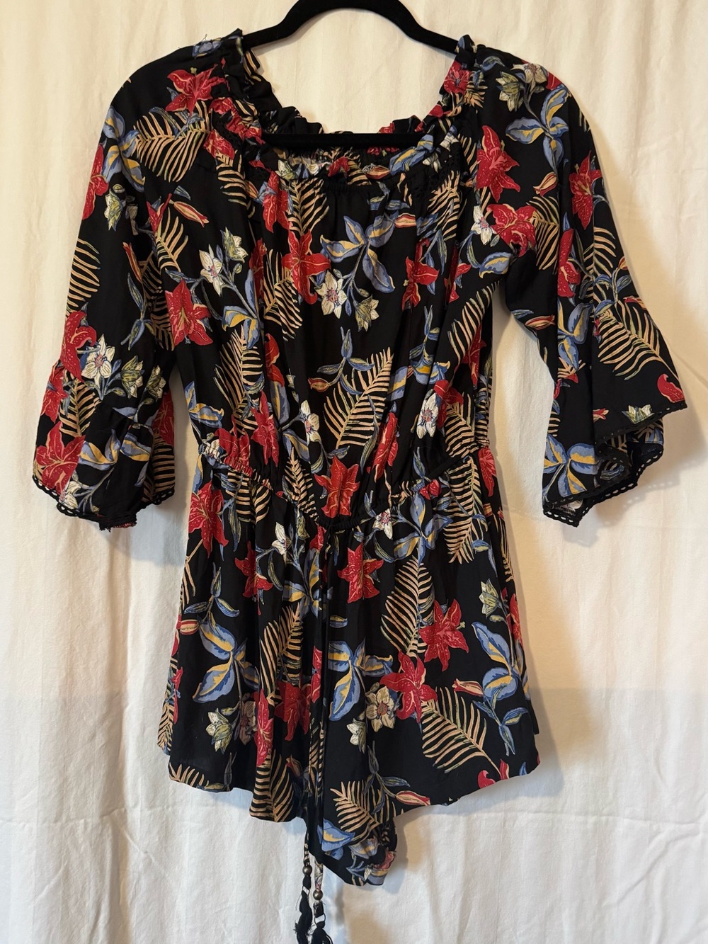 Boho Floral Angie Rayon Romper – Black Multicolor, Size M